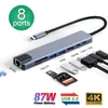 Hub 8 i 1 typ 3.1 till 4K HDMI -adapter med RJ45 SD/TF -kortläsare PD Fast Charge för MacBook Notebook Laptop Computer