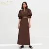 Work Dresses Clacive Fashion Loose Brown Linen 2 Piece Set Women Outfit Summer Long Sleeve Crop Shirt With High Waist Skirts Female