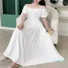 Vestidos de festa feminino sólido elegante ruched cintura alta vintage puff manga curta verão