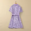 Spring Lavender Plaid panelowe cekiny kwiatowe Sukienka Czarna krótkie rękawowe szyję z pojedynczą długością kolan luźne sukienki S4J290125 Plus w rozmiarze xxl