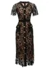 Party Dresses 2024 Runway Hollow Out Embroidery Crochet Lace Dress For Women V Neck Golden Buttons Single Breasted Pocket Belt Midi Vestidos