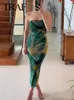 Casual Dresses Traf Women Tie Dye Dress Ruched Tulle Sexig rygglös stropplös draperad Midi 2024 Kvinnlig mode Chic Evening