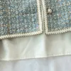 Runway outono inverno tweed 3 peça conjunto coreano feminino jaqueta casaco de cintura alta elegante mini saia chiffon gravata borboleta rendas até camisa 240124