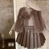 Conjuntos de roupas meninas roupas conjunto outono inverno crianças moda lã camisola casaco de malha tops veludo plissado saia de couro
