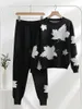 Frauen Zweiteilige Hosen Hohe Qualität Gestrickte Hose Sets Casual Maple Leaf Jacquard Perlen Oansatz Pullover 2 Set Kleidung für Frauen Outfit