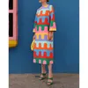 Casual Dresses Elegant Rainbow Printed Women's Split Midi Dress Fashion O Neck Long Sleeved Robe 2024 Autumn Female Causal Loose Vestidos