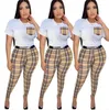 Moda donna Sexy temperamento casual due pezzi set manica corta classica t-shirt + pantaloni plaid ragazze bianco sexy maglietta legging pantaloni pantaloni