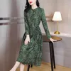 Casual Dresses 2024 Silk Dress Print Long Sleeve Green Satin Midi Women Vintage Party Spring Autumn Elegant Vestidos