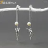 Dangle Earrings Geezenca 925スターリングシルバーゴールドメッキ猫女性用のパールとかわいい子猫を演奏するボール長いタッセルイヤリング