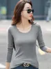 Mulheres camisetas listra moda coreana 2024 primavera em torno do pescoço t-shirt para mulheres bottoming elástico de manga comprida camisa sólida harajuku roupas