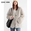 Damenjacken CHIC VEN Koreanische Frauen Lose Feste V-ausschnitt Plüsch Warme Faux Pelzmantel Weibliche Jacke Frau Oberbekleidung Herbst Winter 2024