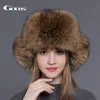 Gours Fur Hat for Women Natural Saccoon Fox Fur Rosjan Ushanka Hats Winter Gruste Uszy Modna czapka Bombowca Czarny Nowy przybycie L319Z