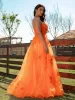 Muhteşem turuncu balo elbiseleri seksi sırtsız bir çizgi askısız dantel aplikler ruffles tül uzun gece önlükleri artı bc15153 0201