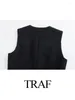 Women's Tanks TRAF 2024 Female Fashion Vintage Solid Color Sleeveless Single-Breasted V Neck Tops Woman Elegant Chic Short Style Slim Vest