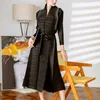 Vestidos casuais miyake plissado 2024 outono lace up solto moda francês vintage vestido feminino elegante maix roupas femininas