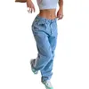 Femmes ample jambe large jean droit Vintage Streetwear dames taille moyenne bouton épissage Denim pantalon confortable pantalon décontracté 240124