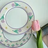 Plates Ins Purple Tulip Vintage Ceramic Plate Korean Simple Breakfast Bread Round Dish Cute Afternoon Dessert