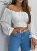 Women's T-Shirt Women Sexy Off Shoulder Printing Blouses Chic and Elegant Lantern Long Sleeve Lace Up Bow Cropped Tops Casual Slim Shirts 2023 L240201