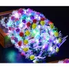 Couronnes de fleurs décoratives Couronne de fleurs LED Guirlande lumineuse Or Soie Colorf Mariée Bandeau Lumières Ruban Rotin Fée Coiffe Fe Dh2Tu