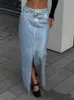 Saias taruxy pu denim saia feminina 2023 outono moda fenda cintura alta retro maxi saias femme rua casual solto saia longa mulher nova yq240201