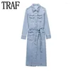 Robes décontractées Traf Blue Denim Robe Femme Tie Belt Midi Jean Chemit 2024 AUTUME ÉLÉGANT Long pour la manche