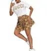 夏の女子パーティーセクシーなカジュアルエレガントなビーズチェーンプリーツ真新しいスカートセットTシャツ+ドレスプリントレターミニスカート