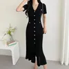 Abiti da festa Abito longuette estivo Donna lavorato a maglia nero aderente stile coreano volant donna elegante moda casual donna 2024