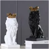 Arts et artisanat moderne résine animal statue couronne d'or noir lion figurine pour la décoration de la maison accessoires salon bureau décor 210 Dhzuh