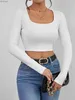 Dames T-shirt Cropped T-shirt met vierkante hals Casual effen T-shirt met lange mouwen Dameskleding L240201