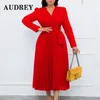 Plus Size Dresses Slim Pleated Belt Dress Women V-neck Ruffle Long Sleeve A-Line Female Solid Elegant Party Loose Maxi