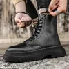 Boots Working Lace-up Combat 5Cm Chunky Heel Platform Men British Style Thick Sole Increase Height Casual