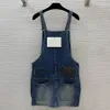 uxury designer denim kjol playsuits kvinnor casual daglig blå jean rompers klänning stor pocket kjol klänning