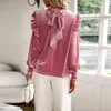 Kvinnors blusar Gaovot 2024 Kvinnor Autumn Winter Tops O-Neck Bow Puffe Puff Sleeve Solid Color Velvet Shirt Female Elegant