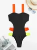 Costume da bagno intero da donna sexy a contrasto nero 2024 Costume da bagno intero da donna con cinturino al neon scava fuori monokini senza schienale costume da bagno estivo patchwork