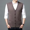 Gilet en laine mélangée pour homme, pull sans manches, veste tricotée à boutons, Cardigan à col en v, couleur unie, haut chaud d'hiver, 2023, 240127