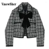 Vestes Femmes VmewSher Élégant Tweed Veste courte Femmes Automne Hiver Vêtements Paded Rétro Big Bow Cou Manteau matelassé Tops en laine