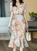 Feestjurken ZANZEA Vrouwen Wrap V-hals Midi-jurk Elegante bloemenprint vestido Koreaanse mode ruches zeemeermin stropdas zijkant korte mouw gewaad