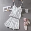 Summer Female Pyjamas Set Green Ruffle Chemise Sleepwear Sexy Strap Top Shorts Intime Lingerie Loose Silk Satin Home Wear 240126