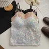 T-shirt da donna con paillettes perlescenti canotta da donna brillante canotta sexy alta elasticità dolce camicetta con imbottiture per reggiseno colore sfumato slim fit bar top L240201