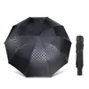 Parasol podwójna warstwa 3 -folding parasol deszcz Kobiety mężczyźni Big 10k WindProof Business Male Dark Grid Parasol Family Travel Paraguas