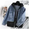 Damen Hoodies Patchwork Fake Zweiteilige Damen Frühling Herbst Trend Kapuzen Jeansjacke Mode Fried Street Loose Zip Up Cardigan Hoodie