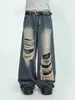 MRNEARLY Pantalones de mezclilla perforados de gama alta americanos para hombres Design Sense Pantalones de pierna recta de pierna ancha pequeños y sueltos hiphop 240124