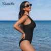 Costumi da bagno da donna SEASELFIE Smerlato con scollo a V Costume intero da donna Nero Sexy spalline larghe Monokini 2024 Costume da bagno Beachwear