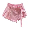 Röcke Unregelmäßige rosa Denim Rock Frauen Sommer Hohe Taille Abnehmen Falsche Zweiteilige A-Linie Arbeitskleidung Kurze Mini 2024