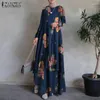 Etniska kläder 2024 Dubai Turkiet Maxi Sundress Zanzea Women Vintage Floral Printed Abaya Hijab Dress Muslim Islamic Robe Loose Dresses