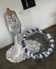 Sliver Mermaid Prom Dresses 2024 V Neck Sequin Appliques Party Gown with Long Sleeve See Thr Skirt Reception Dress for Women