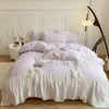 Bedding Sets Korean Princess Lace Bow Set Beauty Solid Color Ruffle Quilt Cover Luxury Girls Wedding Home Textiles