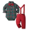 Set di abbigliamento Bambino Abiti per il giorno di Natale Bambino Bambini Ragazzi Costume da gentiluomo Bowtie Reticolo Camicia Bretelle Pantaloni Piccoli 2 pezzi Abiti