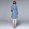 Sıradan Elbiseler Prenses Elbise 2024 Bahar Standı Yaka Uzun Kollu Perspektif Mesh Parçası Bel Puffy Büyük Salıncak Pentagram Denim