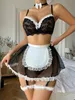 Ellolace empregada lingerie sexy roupas eróticas fantasia laço bowknot sutiã kit push up sheer malha saia ver através sissy íntimo 240127